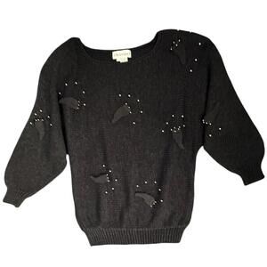 Chavenne Black Knit Sweater with 3D Accents and Pearl Beads – Size L